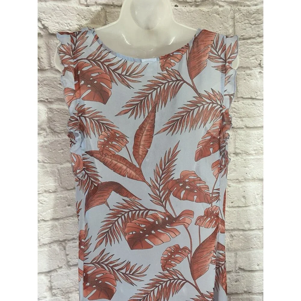 CAbi 5381 Isabel Blue Coral Palm Leaf Print Ruffle Summer Dress M Tropical Beach